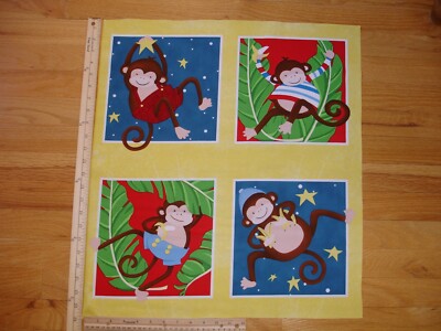 Monkey Business Banana's Hat T Shirt (B)  Cotton Quilt Fabric Panel Blocks (4)