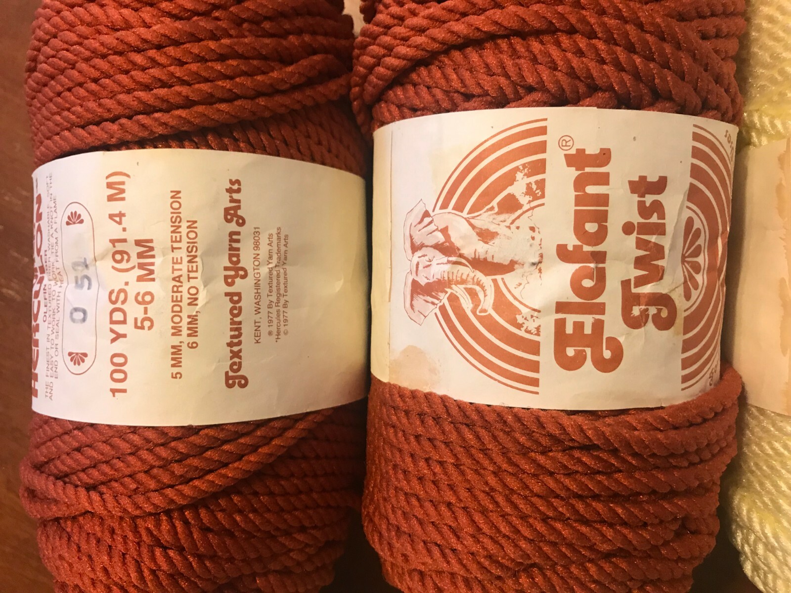 Elefant Twist Herculon Macrame Rope 1977 Vintage, Lot of 6, Cream and Rust