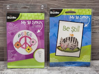 New Plaid Bucilla My First Stitch Peace Sign & Be Still Kitty Cat Cross Stitch
