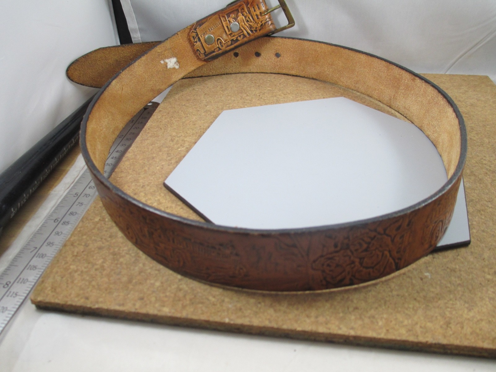 Vintage Signed Kat Kuszak Hand Tooled Leather Belt Fireman Firefighting Belt 34