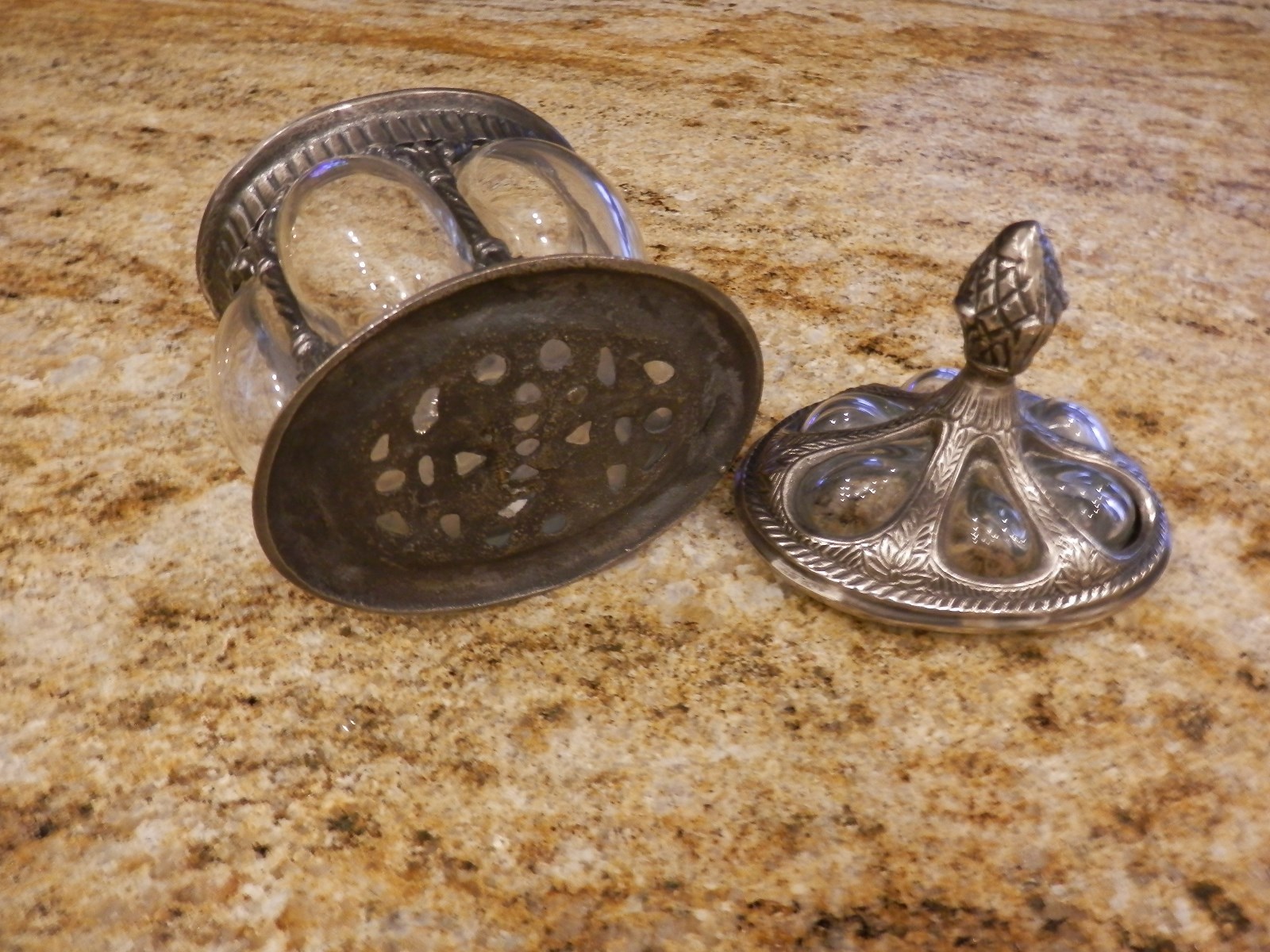 ANTIQUE GLASS AND METAL COVERED JAR CANISTER HAND BLOWN BUBBLE GLASS
