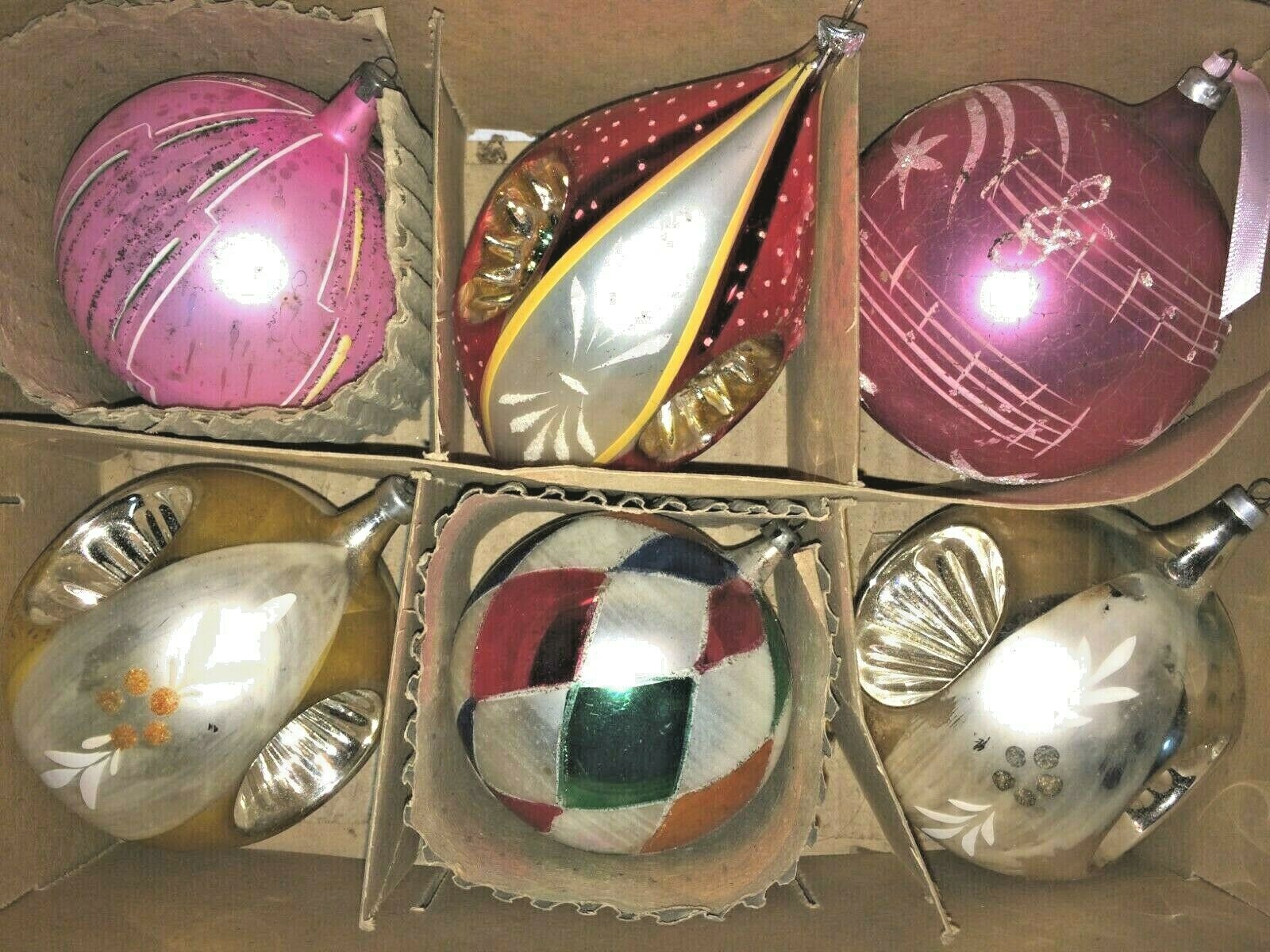 Box Vtg POLAND Triple Indent LARGE JUMBO PASTEL PINK Xmas Ornaments