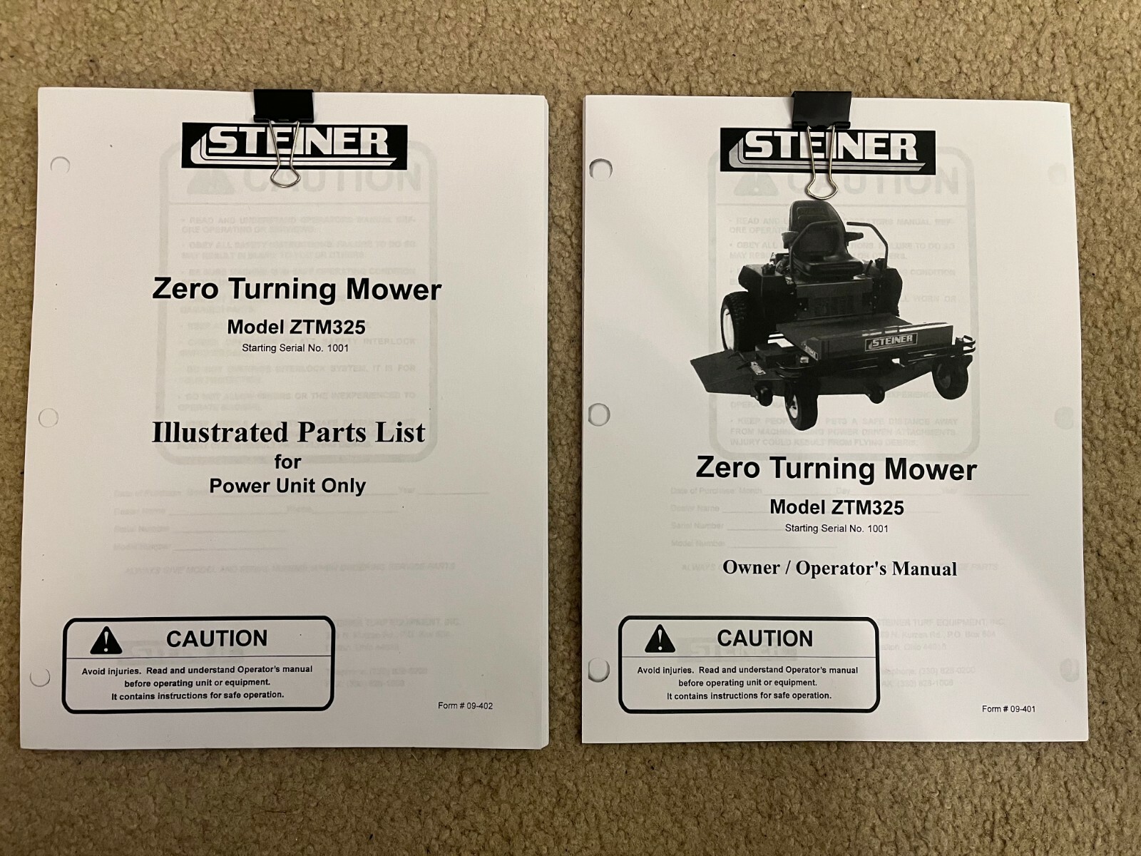 Steiner ZTM325 Mower POWER UNIT Only PARTS LIST & OWNERS