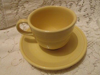One Homer Laughlin Fiesta Ware Yellow O-Handled Coffee Cup and Saucer Set