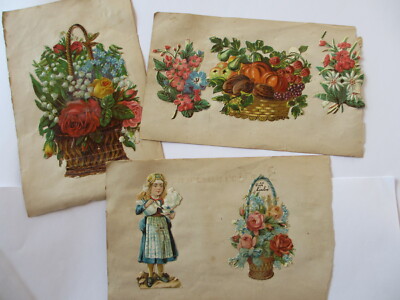 8 antike Oblaten Jugendstil 1900 Blumenkorb Obstkorb Frau etc. (#P11)