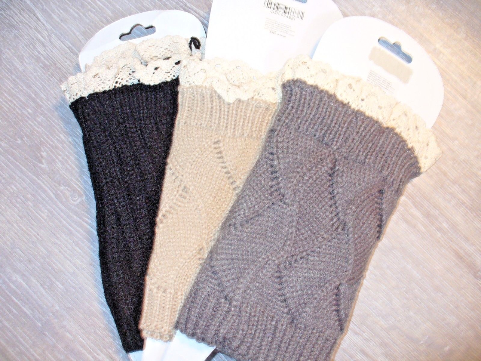 NIP Lot of 3  Women's Lace Boot Cuff / Leg Warmer Tan, Grey, Black