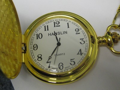 GOLD TONE STRIPED POCKET WATCH W/ CHAIN