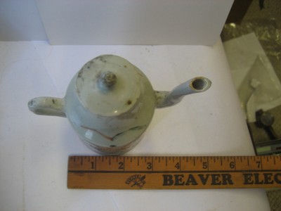 FABULOUS COLORFUL ANTIQUE STONEWARE ASIAN SOY SAUCE MINI PITCHER W-ORIGINAL LID