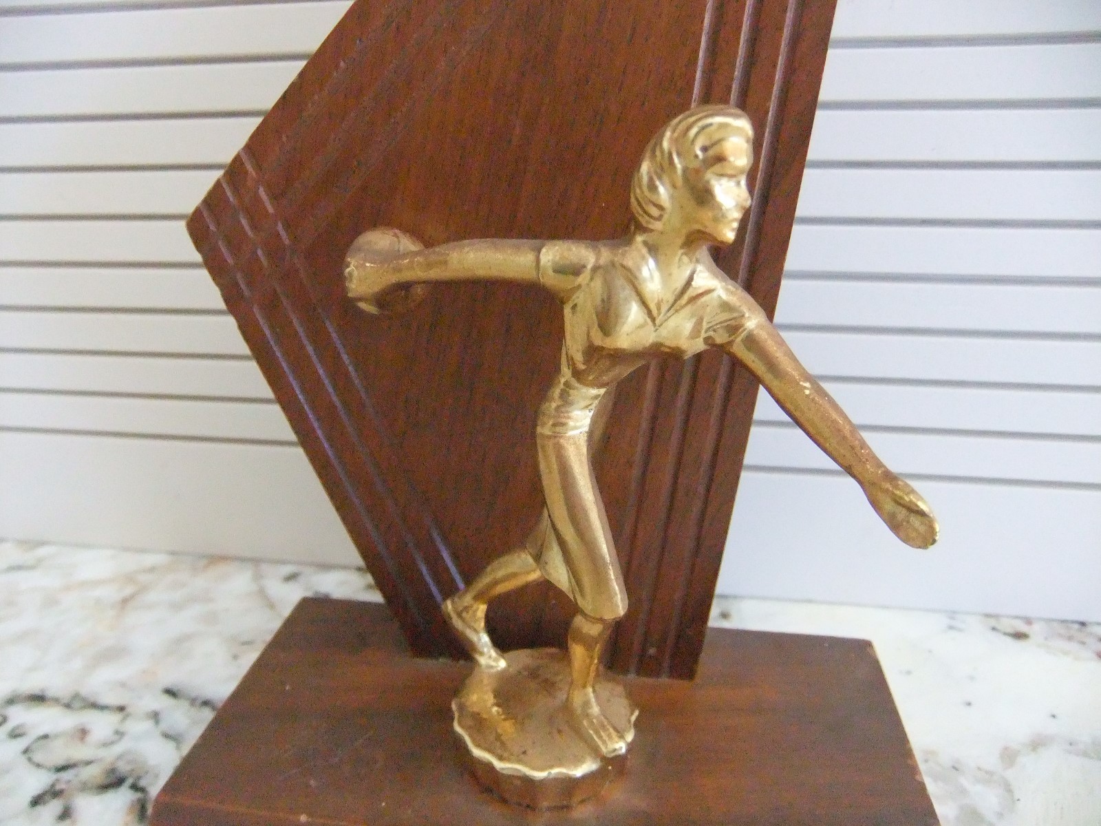 Vtg Women's Wooden & Gold Tone Metal Bowling Trophy 1950's - Mid Century Decor