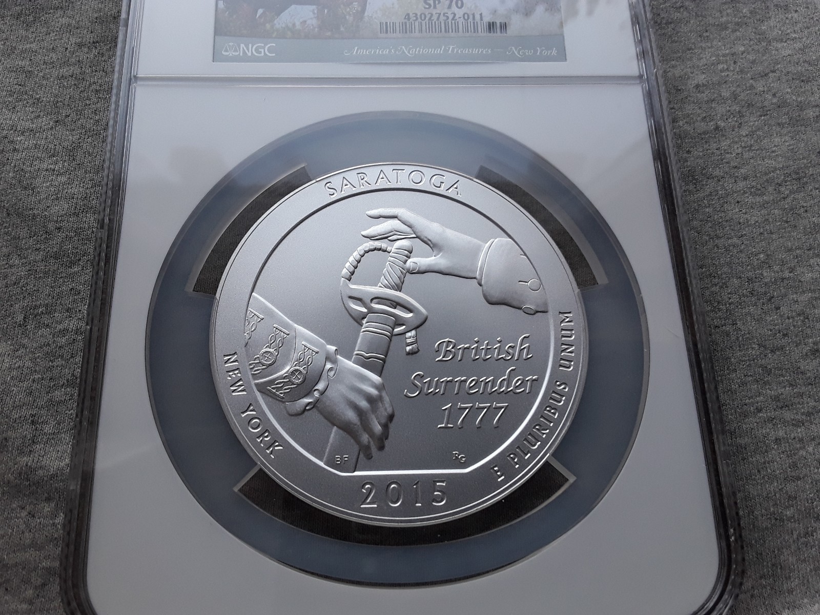 2015 P SARATOGA SP70 FIRST DAY ISSUE 5OZ SILVER NGC CERTIFIED