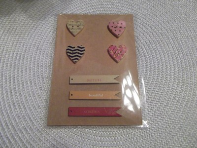 Scrapbooking Wood Embellishments 7 pcs.  4 Heart Buttons, 3 Banners NIP Crafts