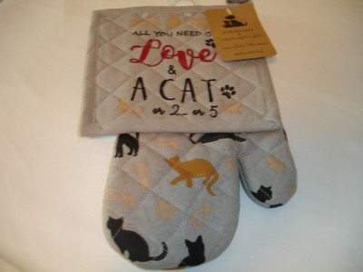 New! Cat Animal Cats Craze Kitchen Potholder Oven Mitt Set Cotton Love and a Cat