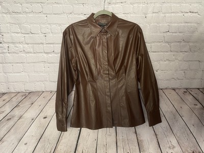 NWT Banana Republic Brown Faux Leather Button Up Long Sleeve Blouse Size Small