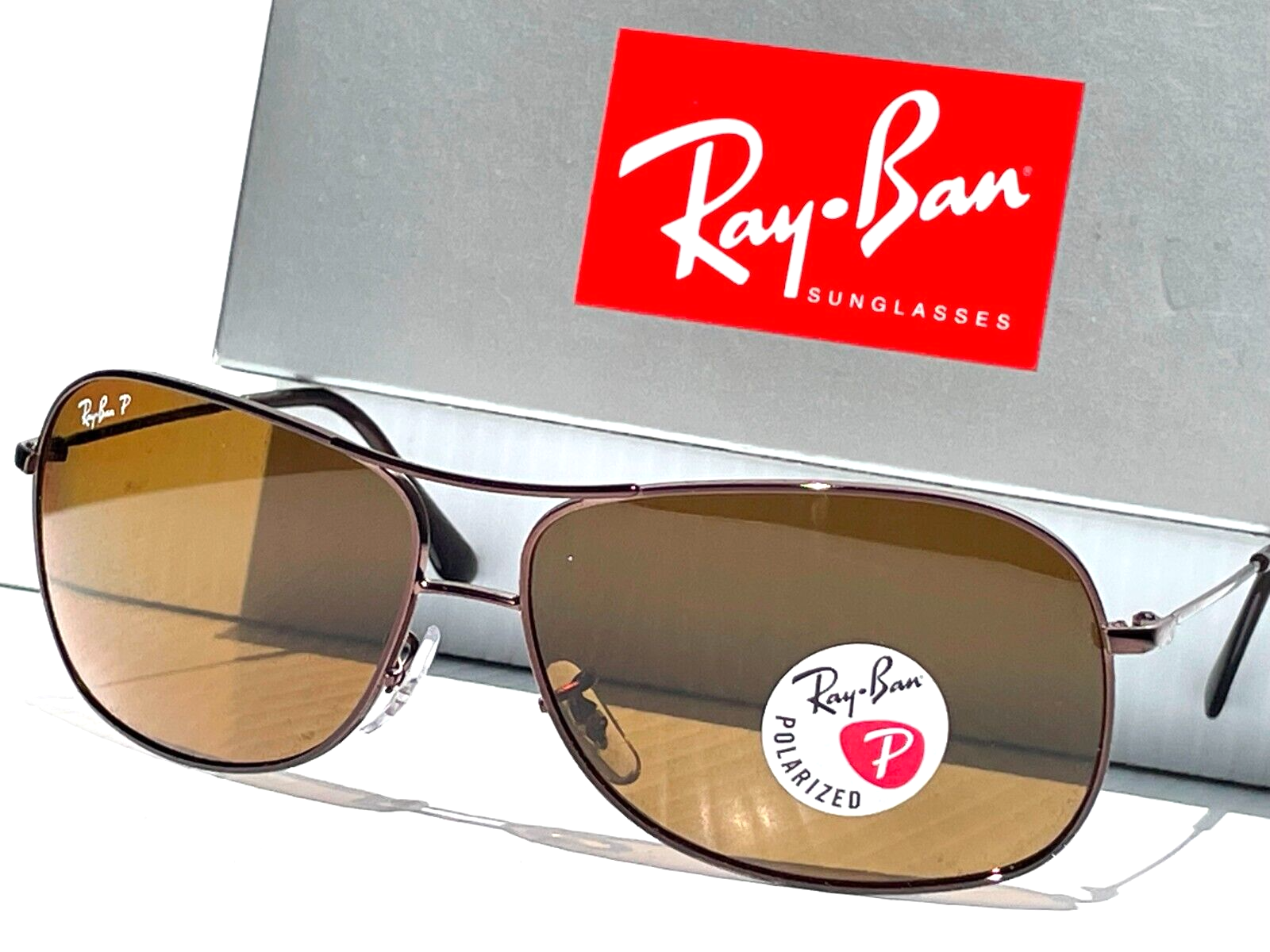 NEW RAY BAN Bronze 64mm Aviator POLARIZED Brown lens Sunglass RB 3267