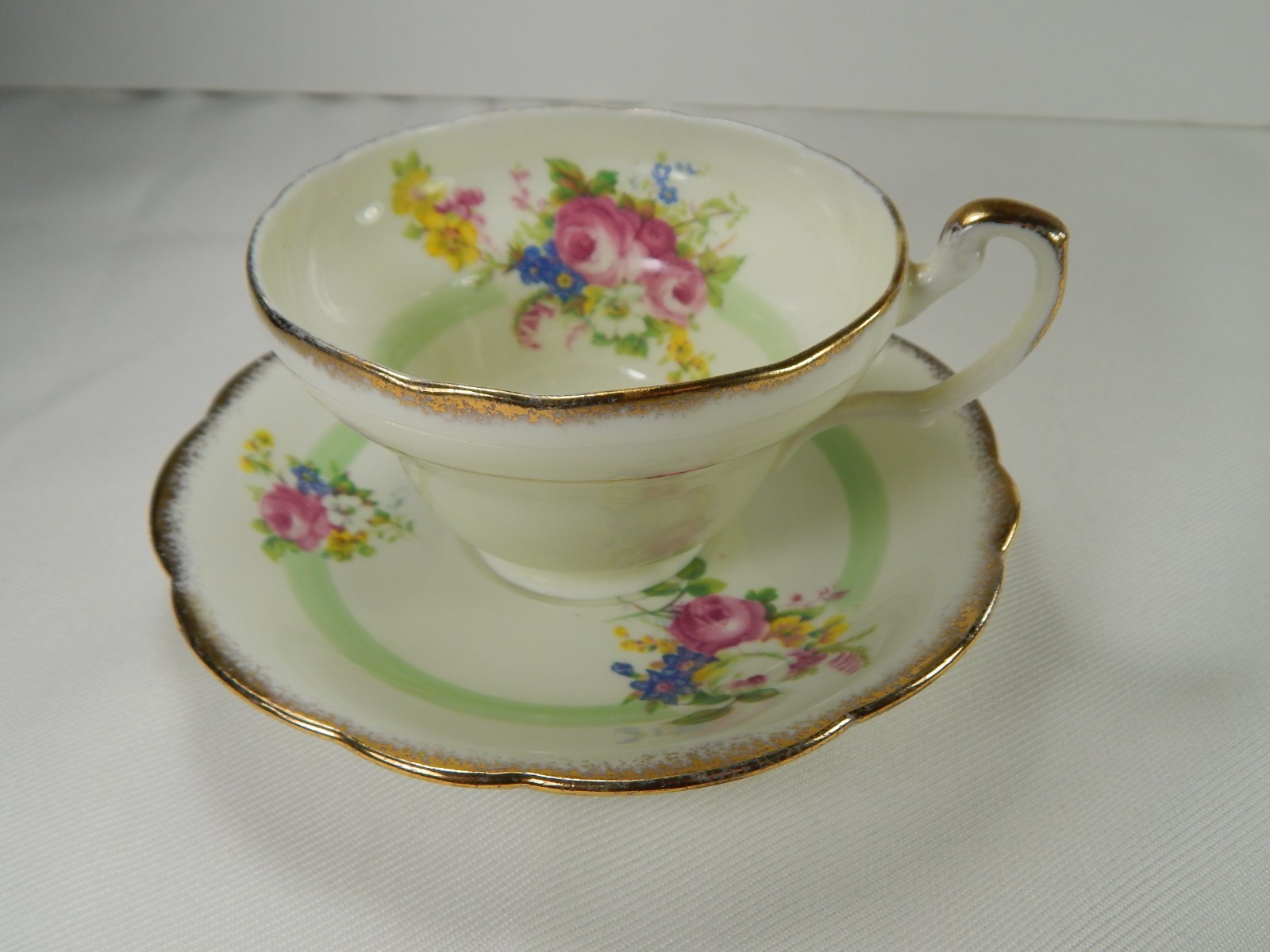 Vintage Foley Tea Cup and Saucer. Green Stripe Rose Bouquet Pattern.