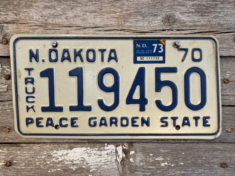 1970 North Dakota Truck License Plate 119450 ND w/‘73 Sticker Tab ‘70