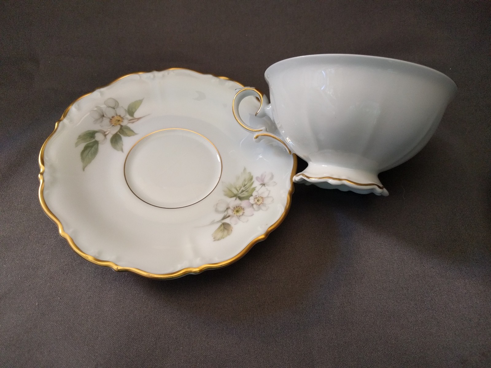 P T Tirschenreuth Tea Cup Saucer White Gold Trim Orange Blossoms Germany