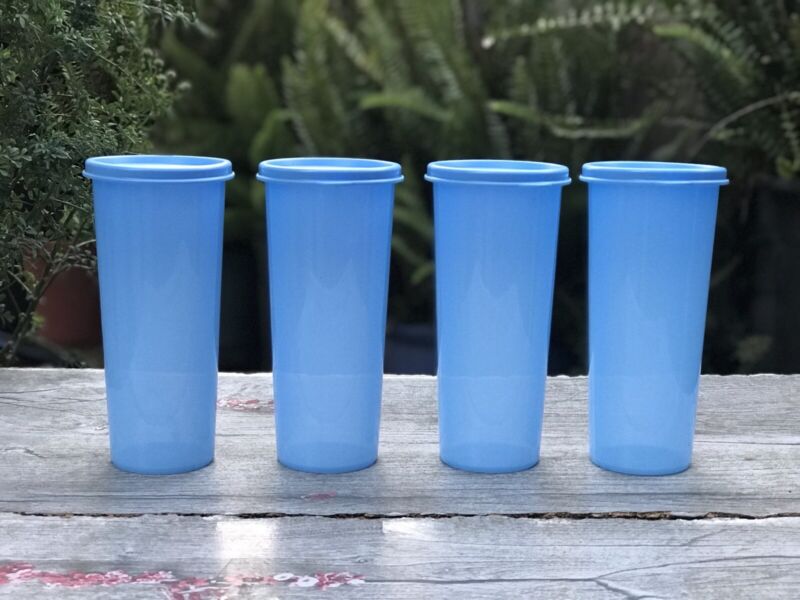 Tupperware Tumblers set of 4 - 16 oz Tumbler sky blue with same color lids NEW