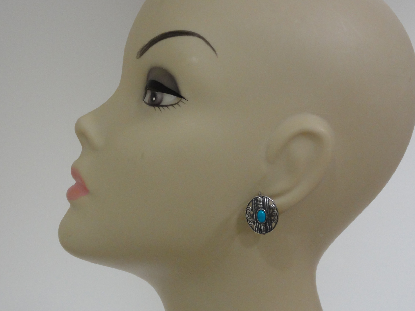 Estate Sterling Silver Turquoise Bali Style Oval  Earrings Rope Swirl Concave