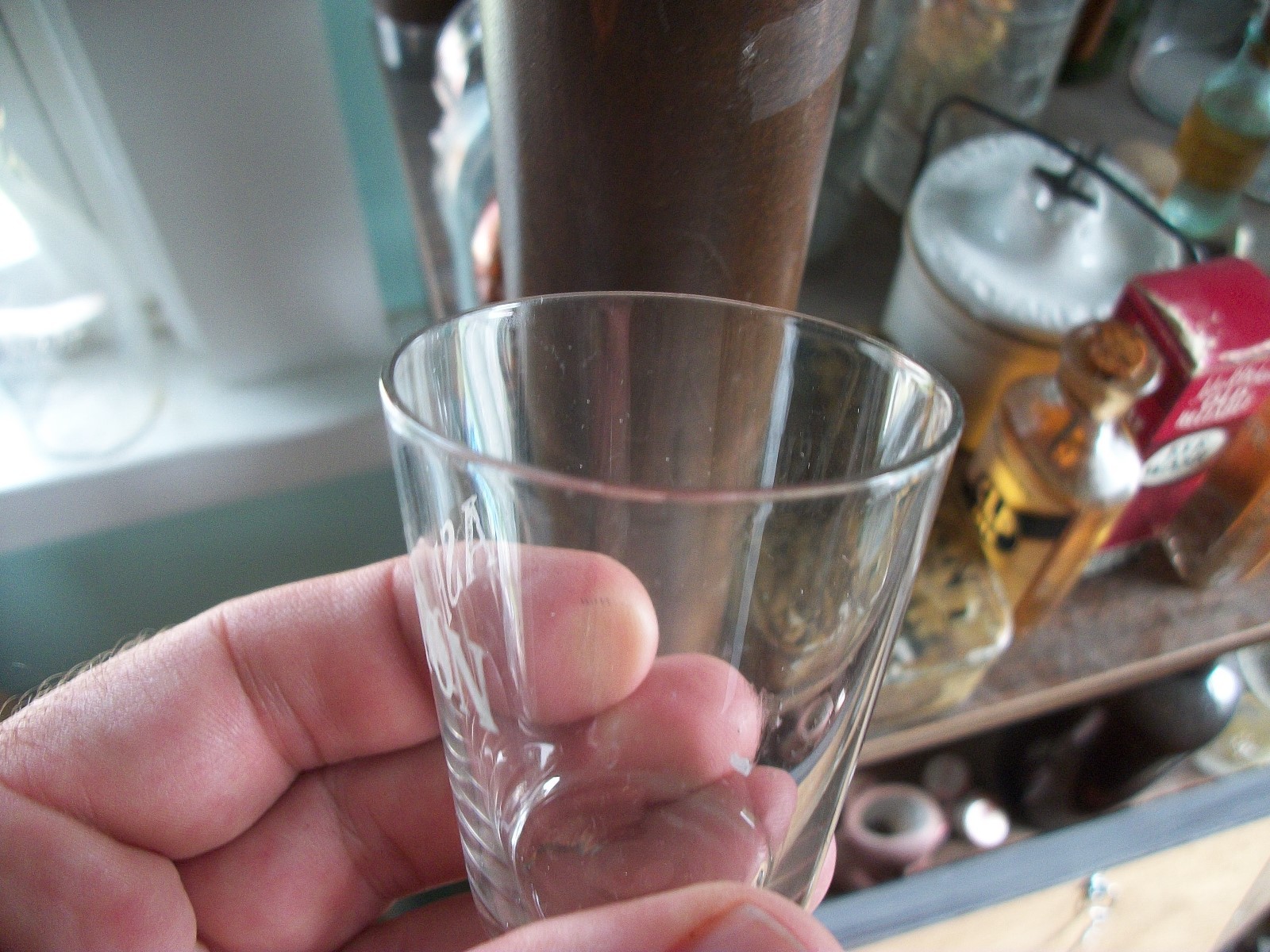 NICE EARLY THIN-WALL ACID ETCHED ASHTON ADVERTISING WHISKEY GLASS ST LOUIS MO