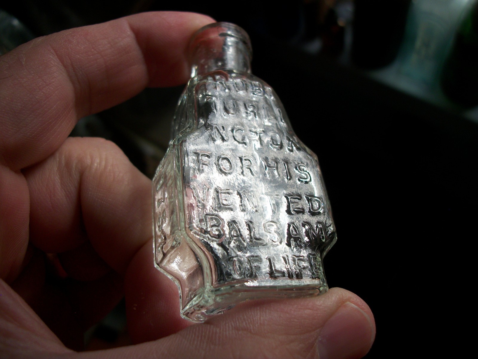 1890s FIGURAL SHAPED ROBT TURLINGTONS INVENTED BALSAM OF LIFE PATENT 1754 CLEAR