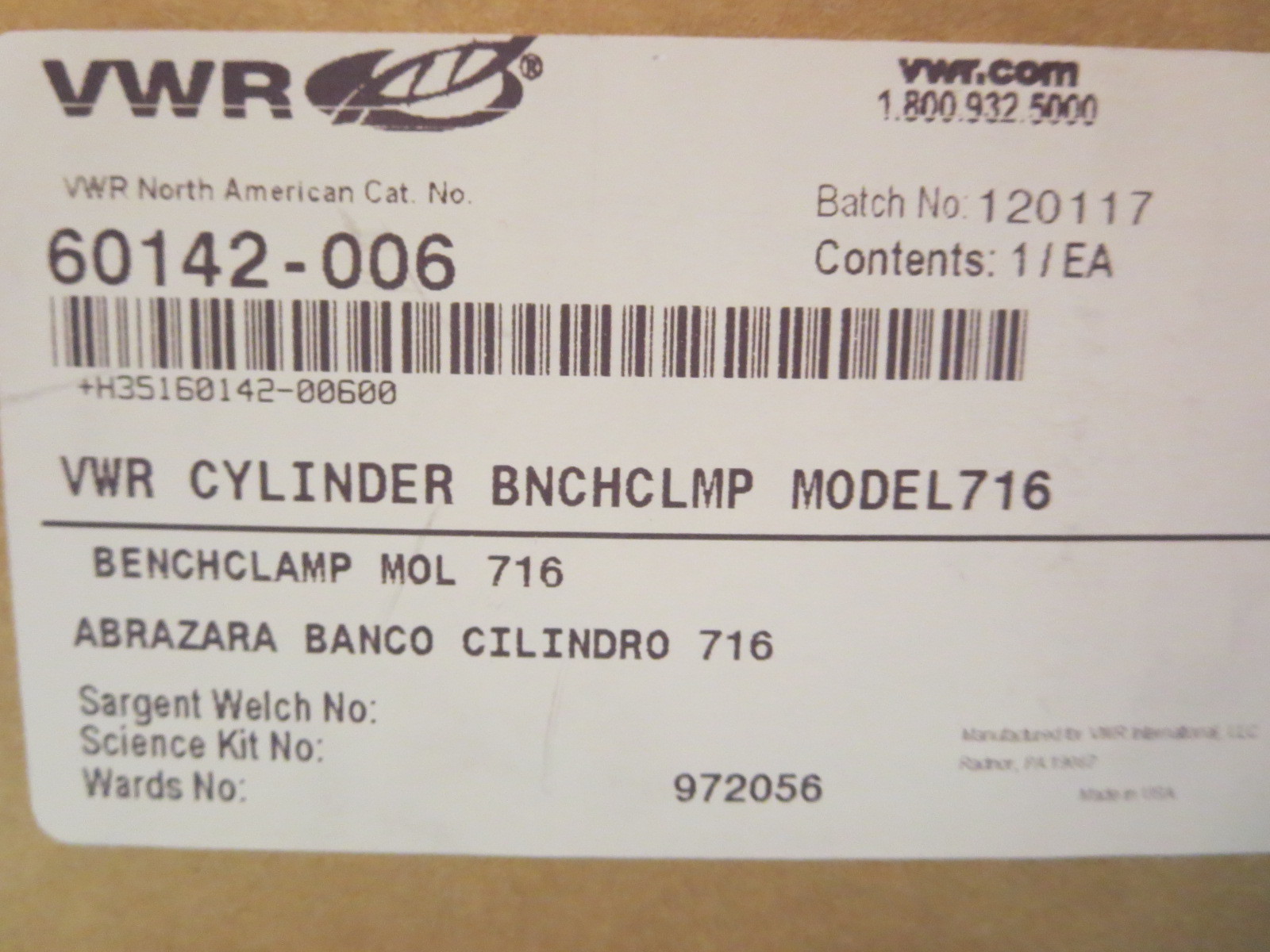 VWR Cylinder Bench Clamp Model 716