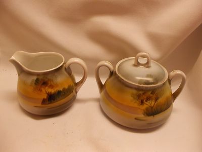 vintage large cream & sugar set Meito China hand painted Japan tree / Island