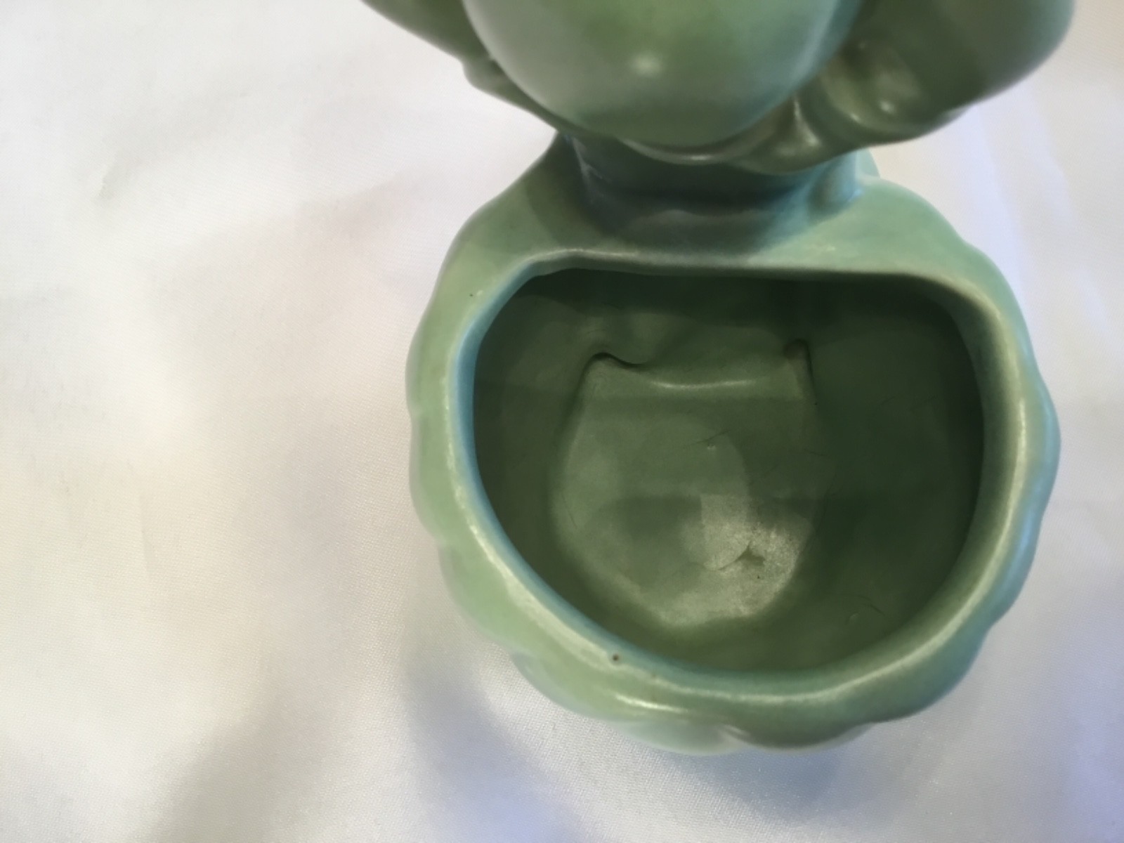 Vintage Little Boy Hands In Air Planter Matte Green (McCoy?) Art Pottery EUC!