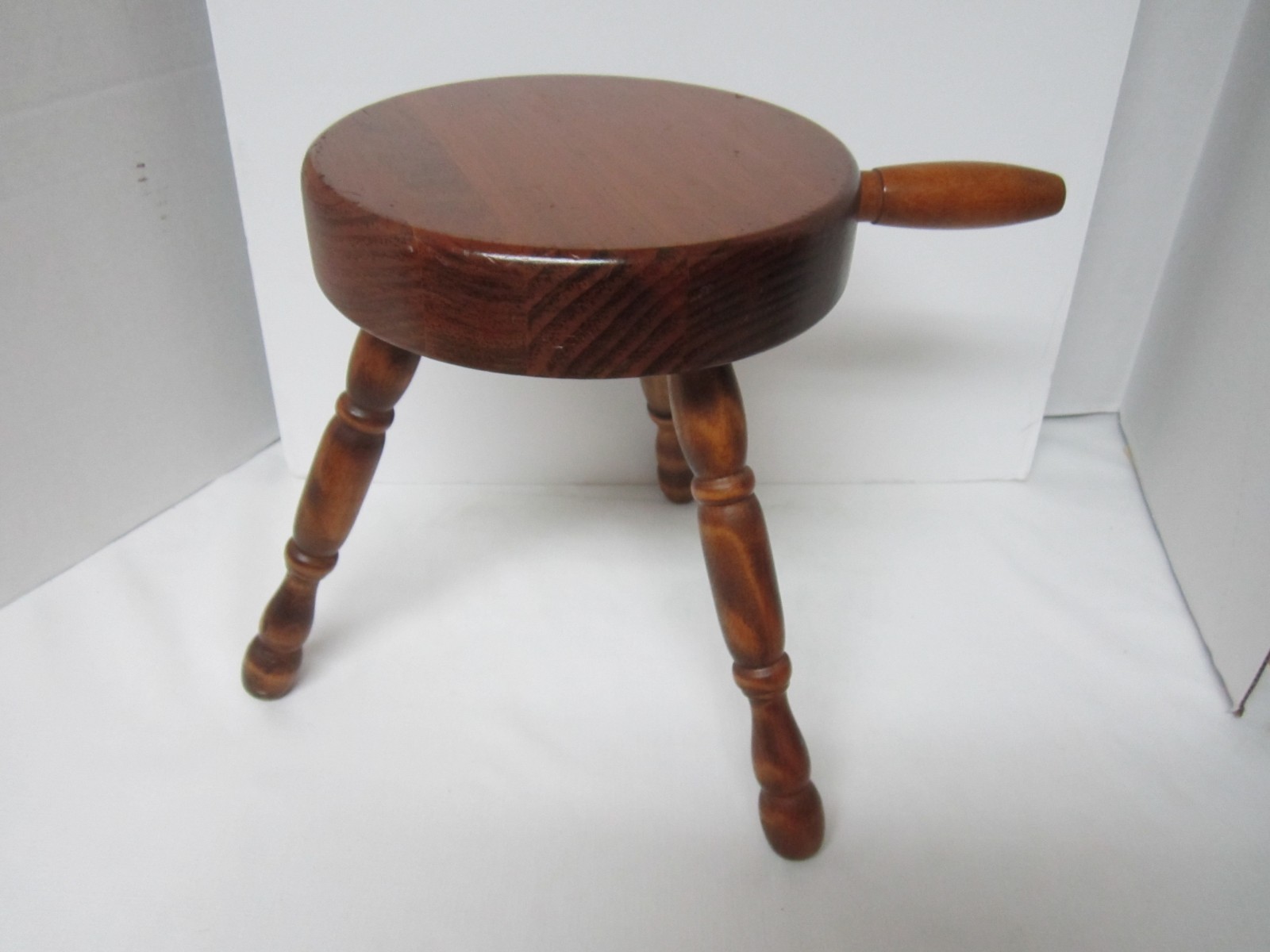 Vintage Primitive Farmhouse Solid Wood 3 Legged Milking Stool with Handle