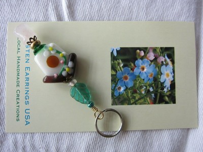 Happy Little Birdhouse Leaf Pendant of Lampwork and Rose Quartz Kirsten USA Made