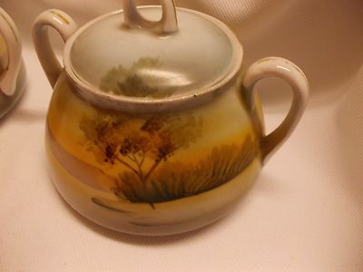 vintage large cream & sugar set Meito China hand painted Japan tree / Island