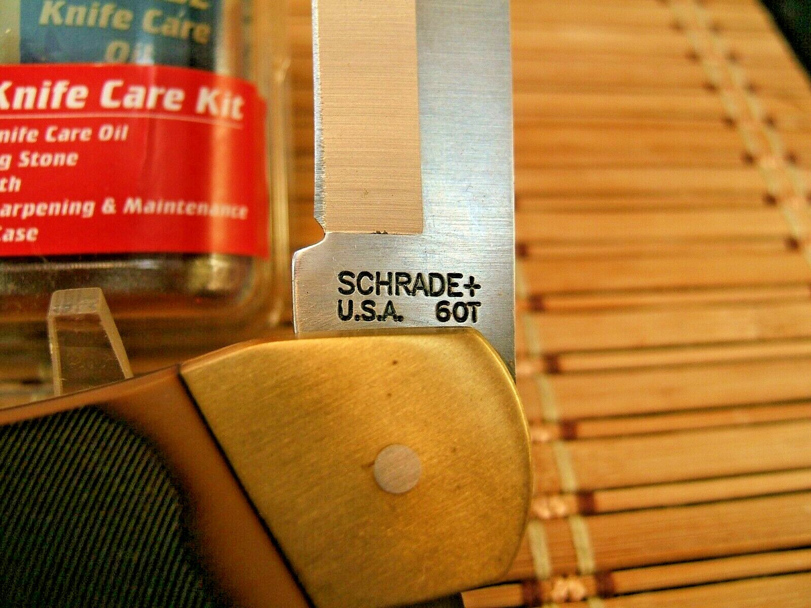 MINT VINT. SCHRADE+ USA OLD TIMER 6 OT GOLDEN BEAR LOCKBACK KNIFE, SHEATH & OIL