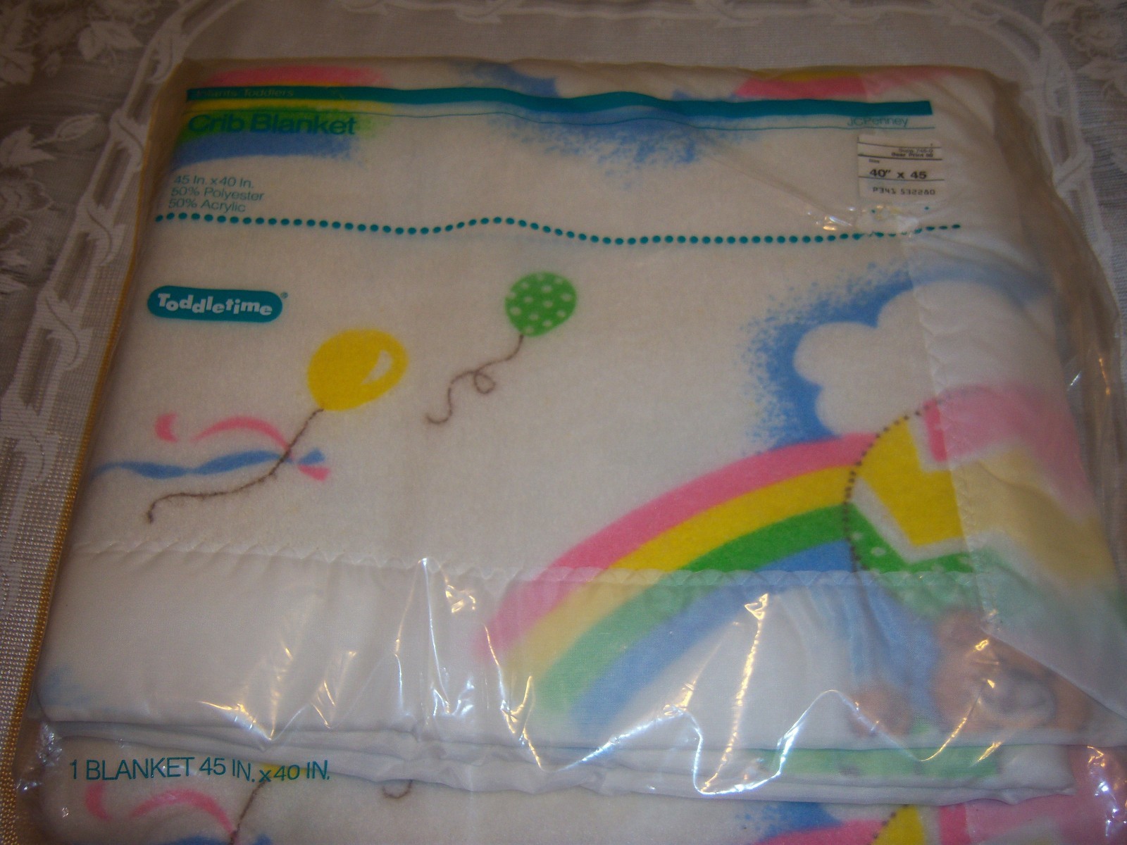 Vtg Toddle Time Crib Blanket Happy Bears Hot Air Balloon Rainbow JCPenney 40x45