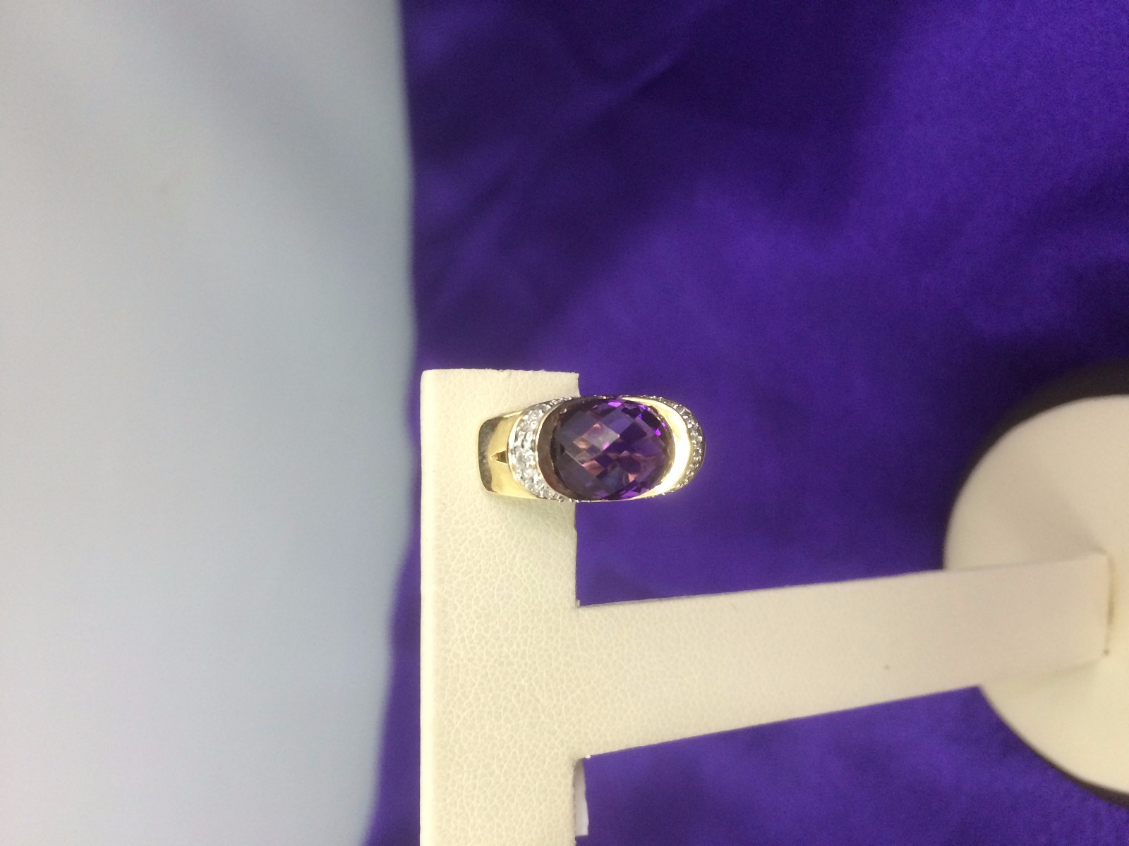 Pre-owned Amethyst Oval Purple  & White Diamonds Earrings Omega Back In 14k Yellow Gold
