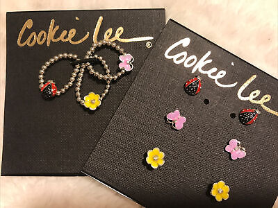 Cookie Lee Little Girls Jewelry  7 + Stretch Rings &  Pierced  Earrings Set NEW