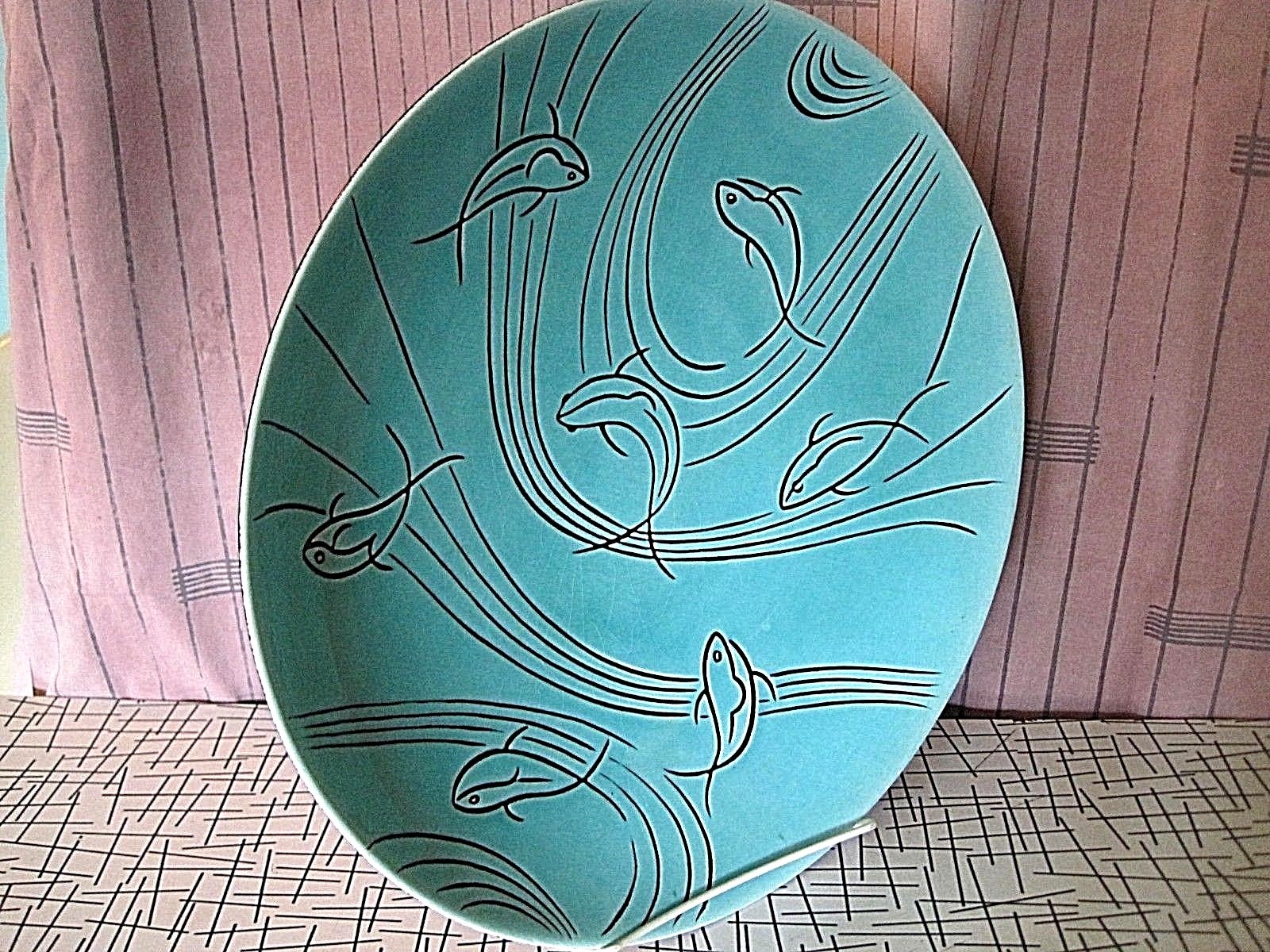 LARGE RETRO1950'S STYLE DECORATIVE BOWL AQUA COLOR WITH DOLPHINS, 14