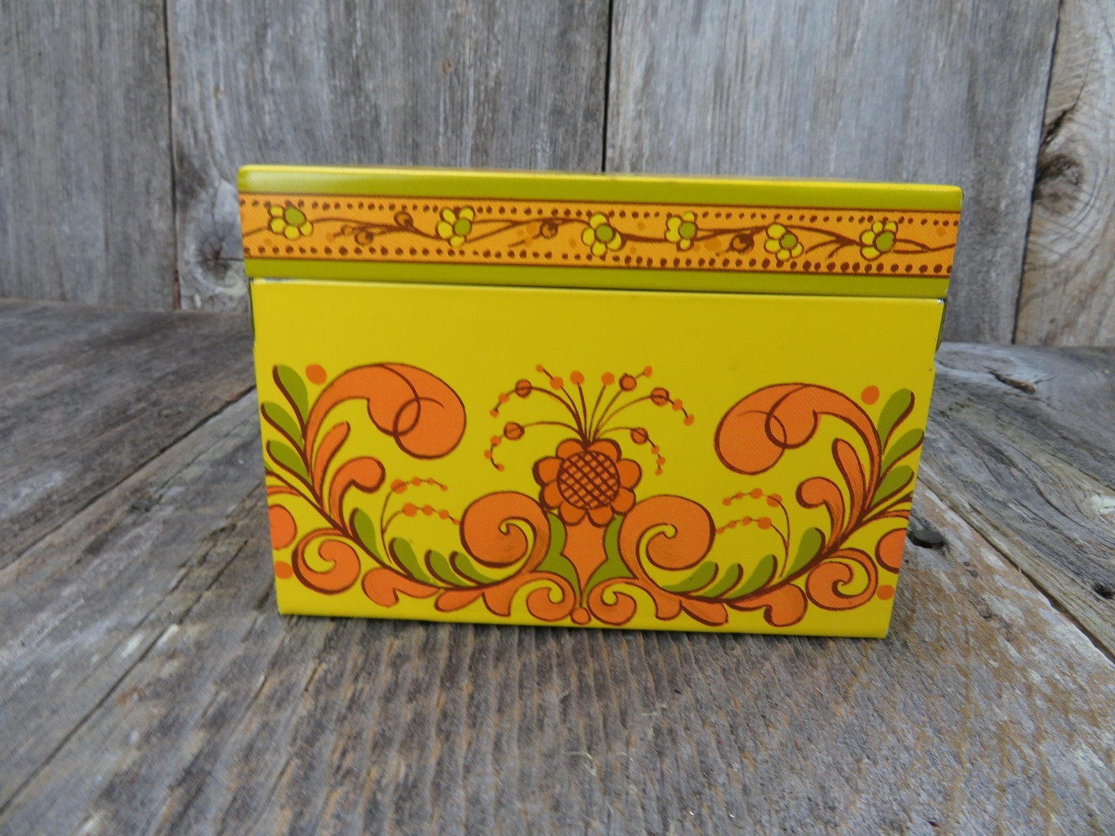 Recipe Box Avon Vintage Tin Metal Holder Orange Yellow Flowers Kitschy Retro