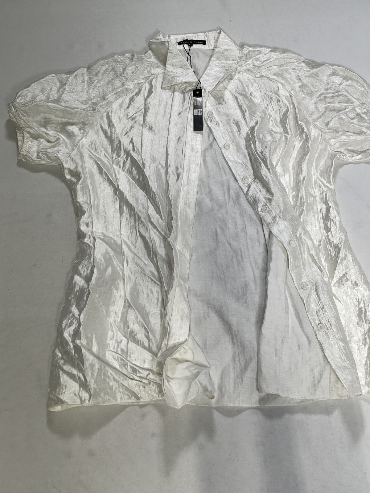 Womens Tempo Paris Silver Ivory Short Sleeve Button Down Top Size Large L NEW
