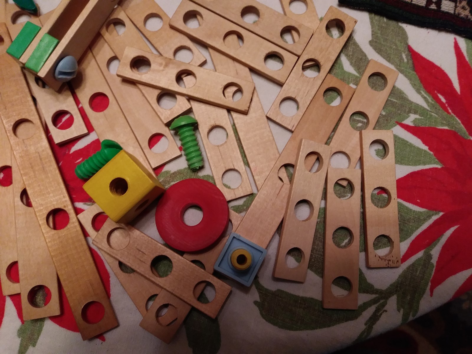 Wooden Erector Set with Plastic Nuts and Bolts, no box or container.