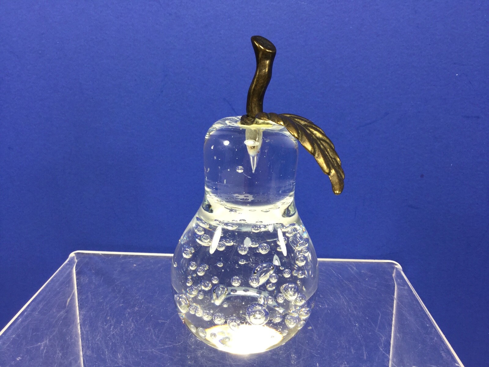 Vintage, Clear Glass Paperweight w/ Bubbles and a Brass Leaf w/ Stem on Top