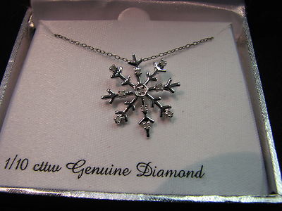 New Sterling Silver 1/10 Cttw Genuine Diamond Snowflake Pendant Necklace 18''