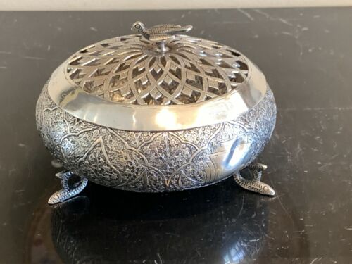 Silver Ornate Persian Islamic Incense Censer Box with Dove Finial 221 Grams