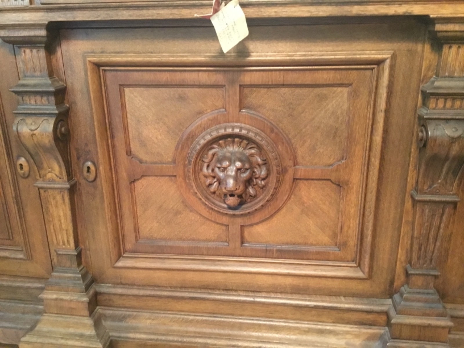 Large German Antique Oak Lions Head Sideboard Cabinet Buffet