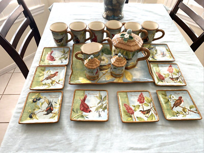 Certified International Botanical Bird Ceramic 20 PC Set by Susan Winget New