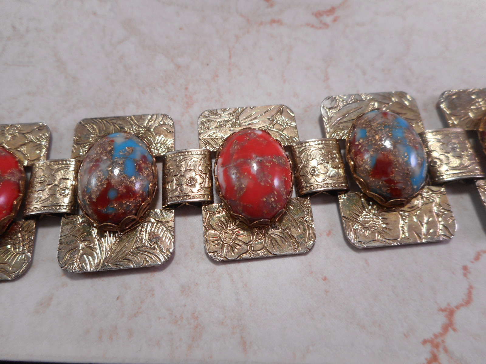 Vintage Fashion Belt With Polished Art Glass Panels Gold-Tone With Multi Colored