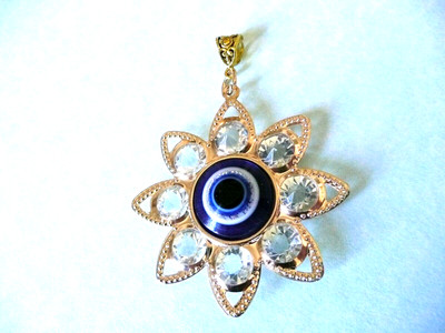 GOLDEN LUCKY PROTECTIVE TRADITIONAL BLUE ROUND DESIGN EVIL EYE 8 CRYSTAL PENDANT