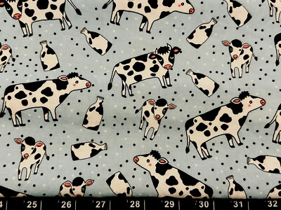 Tina Scrap 9 x21  Black & White Cows Milk Flower Baby Blue Cotton Fabric