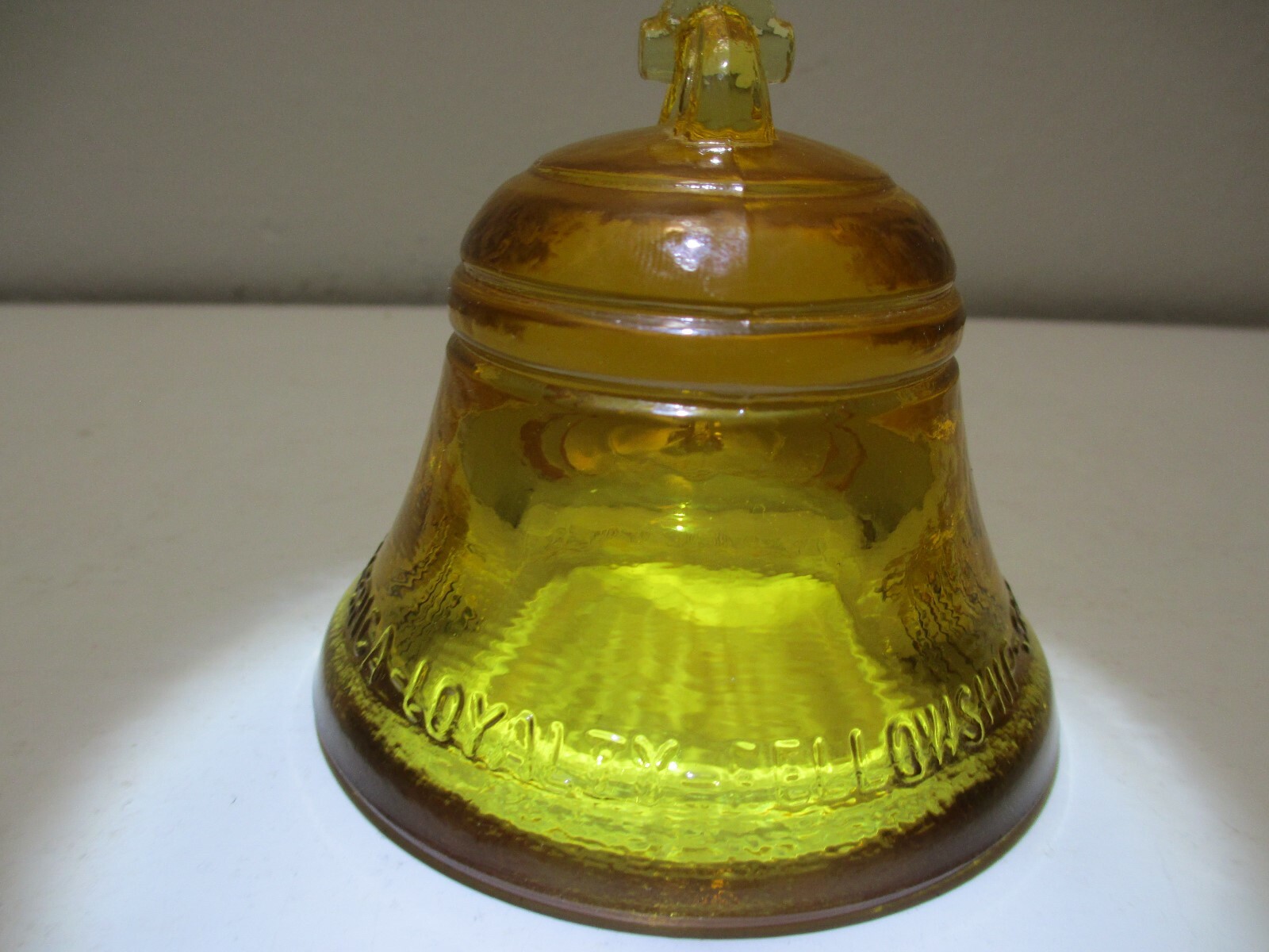Vintage Telephone Pioneers of America Glass Bell Paperweight Amber 1985