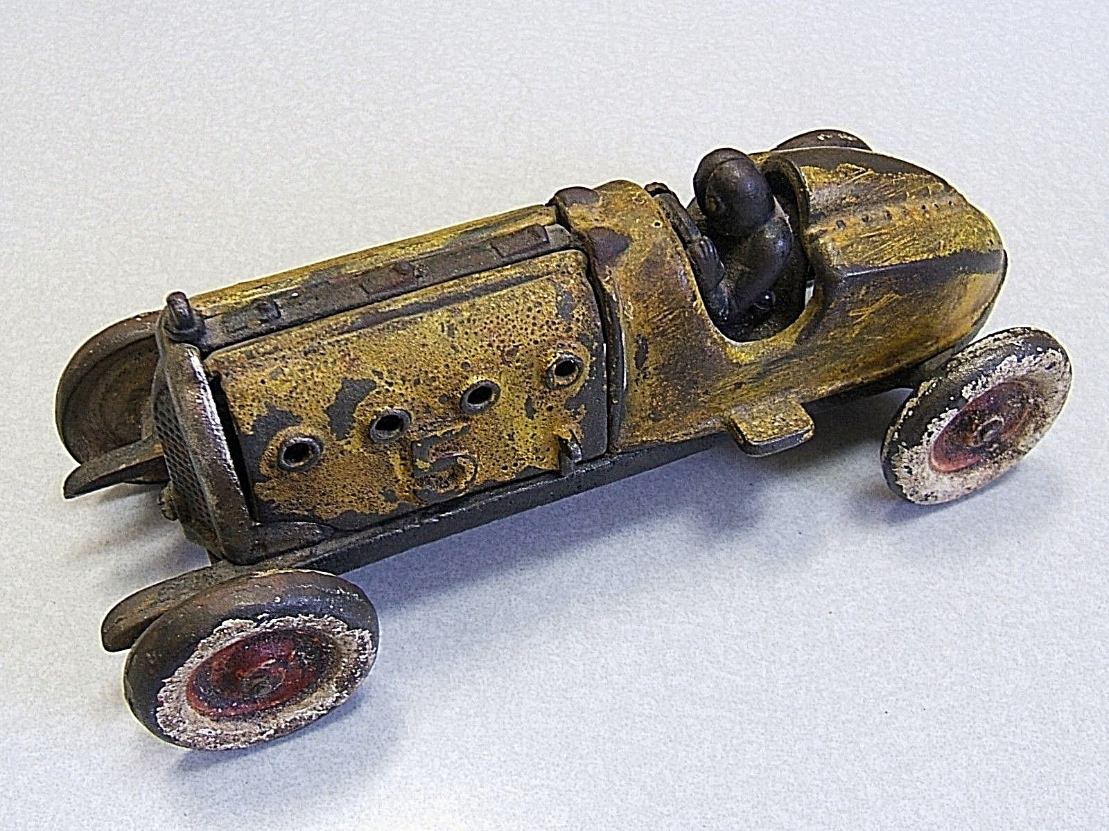 Vintage Cast Iron Yellow #5 Racer Car