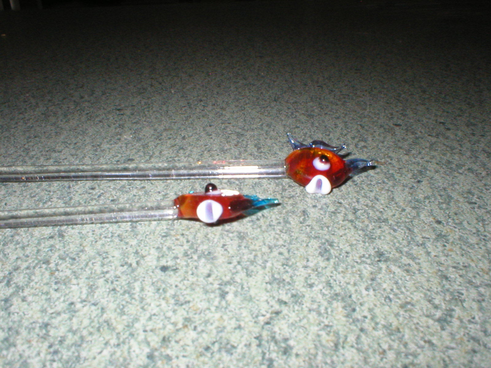 2 VTG Blown Art Glass Red/Blue Fish Swizzle Sticks Stir Pick Sticks 6 5/8